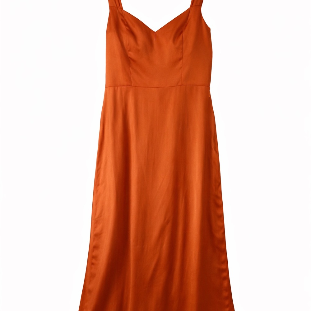 NWT Azazie: Burnt Orange Sheath Pleated Stretch Satin Dress